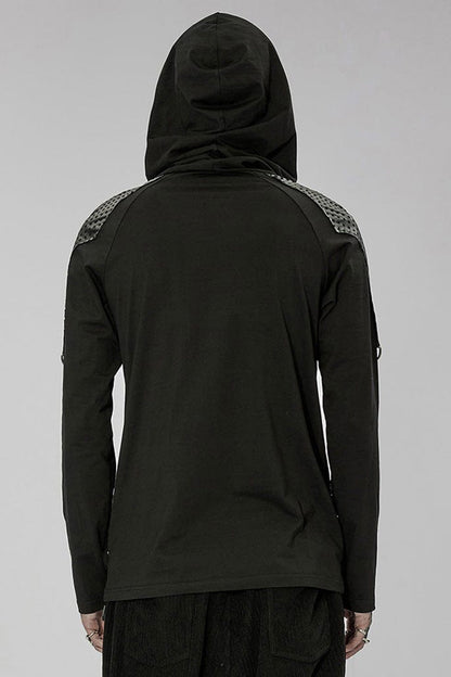 Black Punk Turtleneck Stretch Knit Panel Cutout Drawstring Hooded Men's T-Shirt