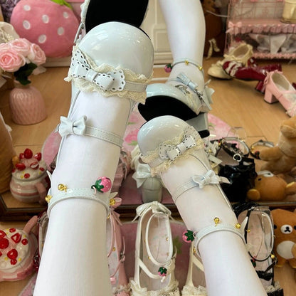 Round Toe Bow Lace Trim Mid Heel Lolita Mary Jane Shoes with Ankle Bells 6 Colors
