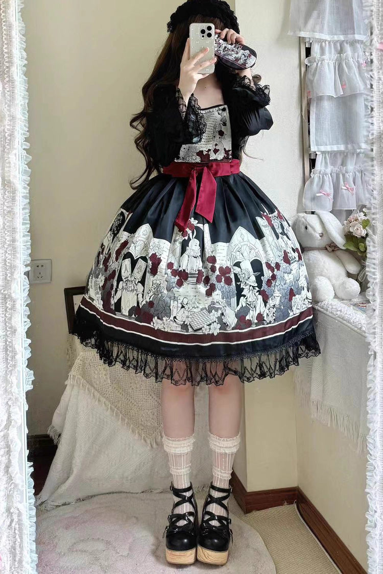 Black [Alice of the Asylum] Print Bowknot Lace Gothic Lolita Dress 2 Versions