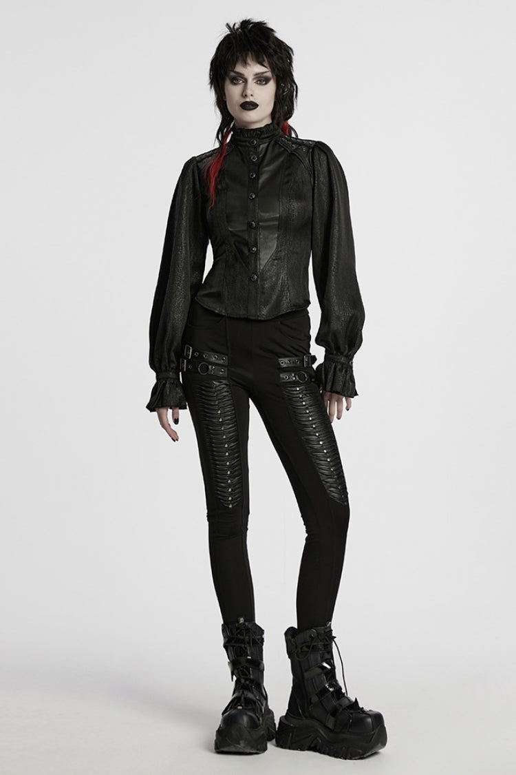 Black Stand Collar Long Puff Sleeves Faux Leather Stitching Women's Gothic Blouse