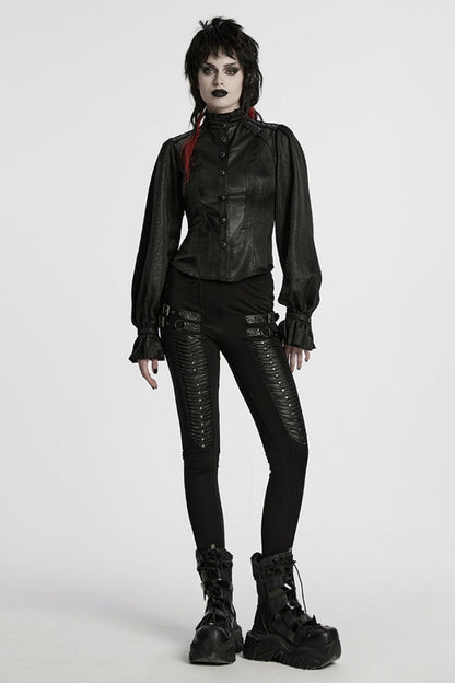 Black Stand Collar Long Puff Sleeves Faux Leather Stitching Women's Gothic Blouse