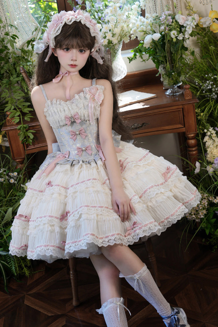 Blue/Apricot [Sea Salt Souffle] Sleeveless Multi-Layered Bowknot Lace Sweet Ballet Lolita Jsk Dress