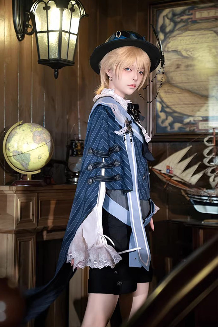 White/Grey/Blue [Age of Machines] Bow Asymmetric Punk Prince Ouji Lolita Shorts Vest Cloak Set