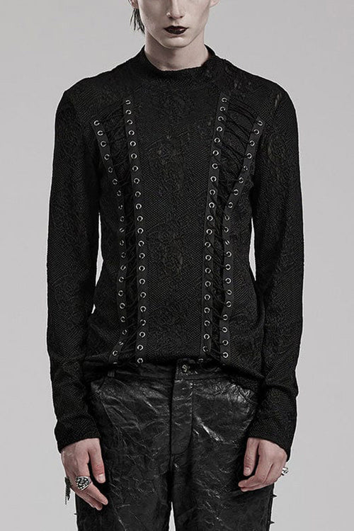 Black Round Collar Long Sleeves Jacquard Symmetrical Rope Mens Gothic T-Shirt