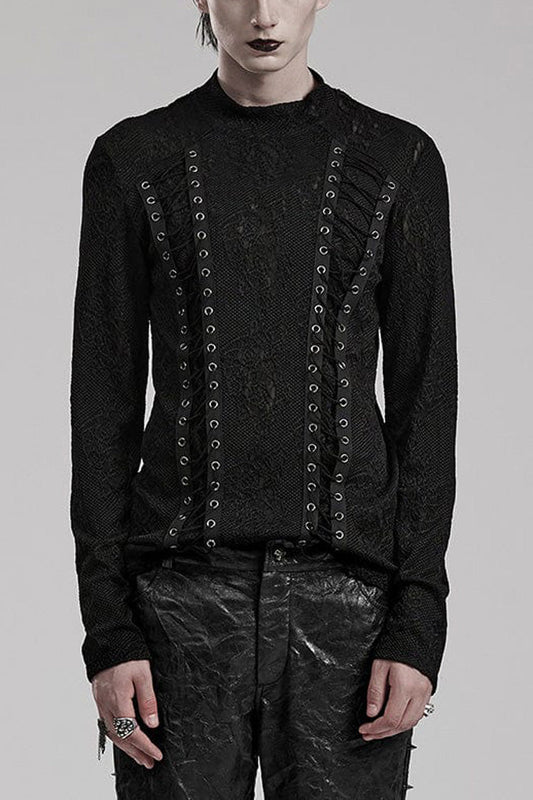 Black Round Collar Long Sleeves Jacquard Symmetrical Rope Mens Gothic T-Shirt