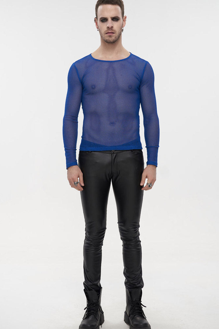 Blue Gothic Elasticity High Neck Long Sleeve Mesh Men's Shirt