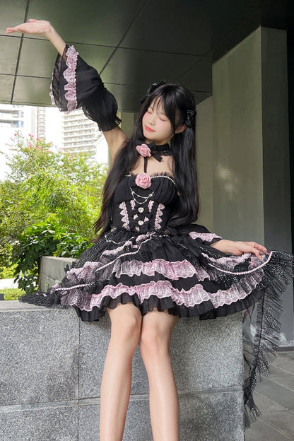 Black/Pink Galaxy Flower Language Multi-Layered Ruffle Bowknot Sweet Lolita Tube Top Dress