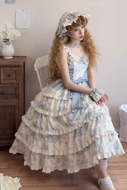 Blue [Grape Moon Almanac] Sleeveless Multi-Layered Printed Ruffled Bow Adjustable-Length Sweet Lolita Jsk Dress