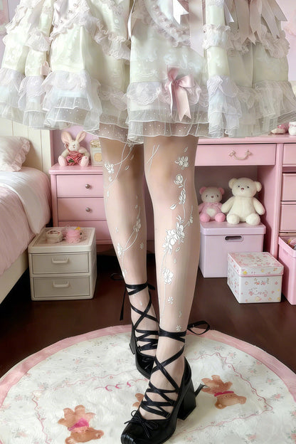 White [Falling Cherry Blossom] Printed Sheer Sweet Japanese Lolita Pantyhose