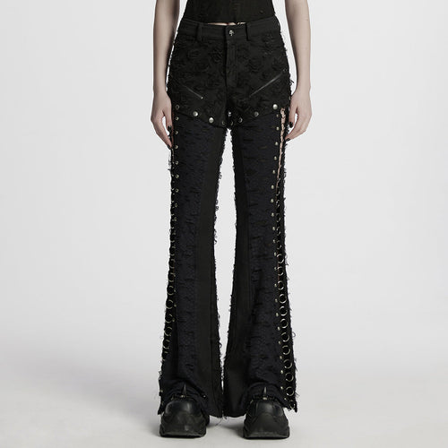 Black Stitching Ripped Metal Ring Women's Punk Split Detachable Pants