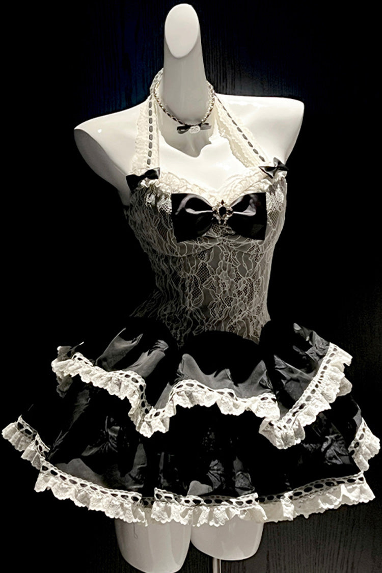 Black [Asking For A Kiss] Halterneck Double-Layered Bowknot Lace Gothic Lolita Dress