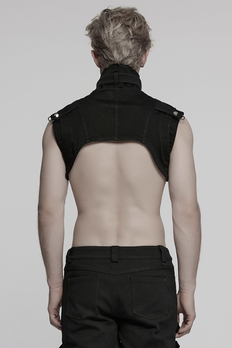 Black Stand Collar Sleeveless Rivet Zipper Men's Punk Cape