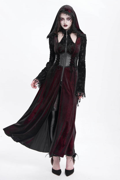 Red Long Sleeves Hollow Embroidery Hooded Ripped Women's Gothic Dress Coat
