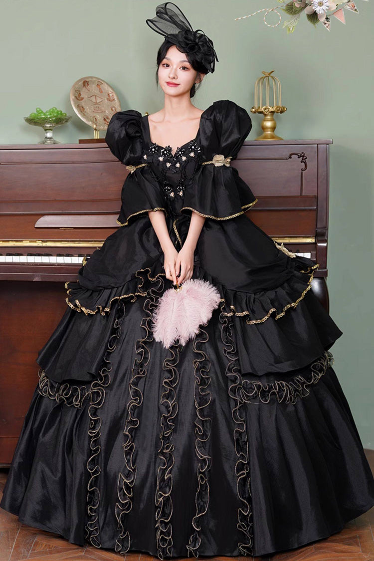 Black Square Collar Half Trumpet Sleeves Double-Layered Ruffled Open-Front Gothic Vintage Palace Lolita Victorian Dress