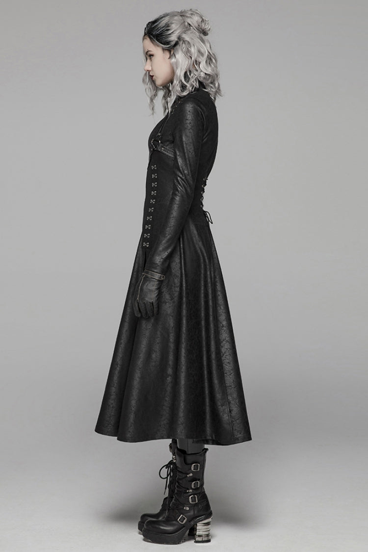 Black Stand Collar Long Sleeves Metal Ring Woven Strap Womens Gothic Long Coat