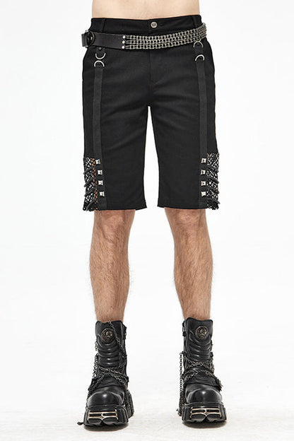 Black Punk Rough Rope Mesh Spliced Mens Fifth Pants