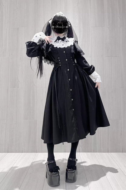 Black/White [Silent Prayer] Long Sleeves Ruffled Bow Lace-Up Gothic Jirai Kei Long Dress