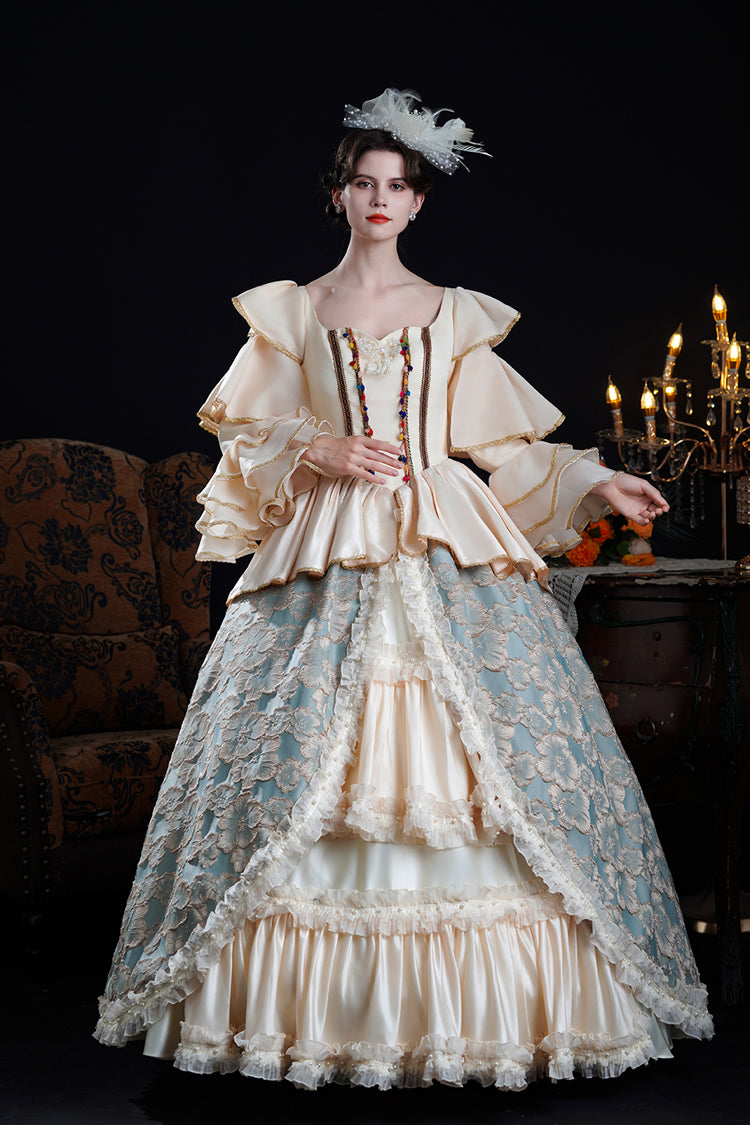 Blue/Champagne Half Trumpet Sleeves Ruffle Embroidery Cardigan Lace Classic Princess Palace Lolita Victorian Dress