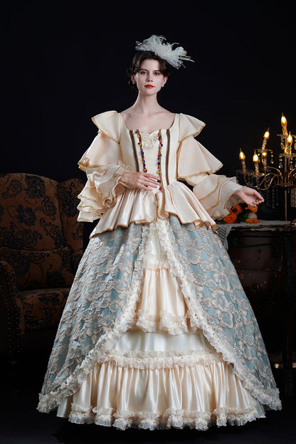 Blue/Champagne Half Trumpet Sleeves Ruffle Embroidery Cardigan Lace Classic Princess Palace Lolita Victorian Dress