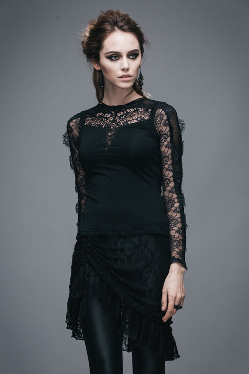 Black Sexy Lace Pattern Long Sleeves Gothic Womens T-Shirt
