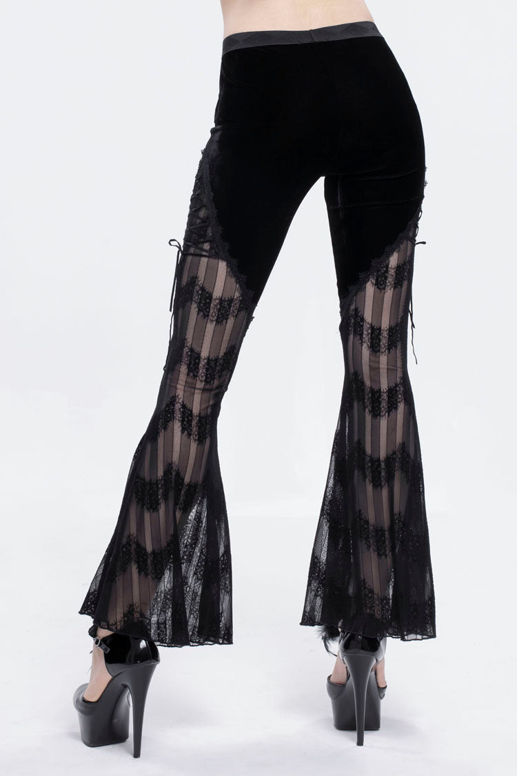 Black Striped Panel Semi Sheer Lace Up Long Women's Gothic Pants