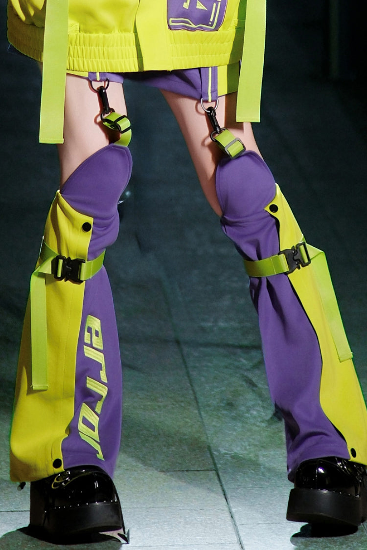 Neon Purple/Green [Zero-Type Transformation] Techwear Long Sleeves Embroidered Hooded Punk Jirai Kei Shorts Coat Set
