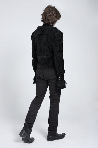 Black V Collar Long Sleeves Ruffle Stitching Lace Men's Gothic Blouse