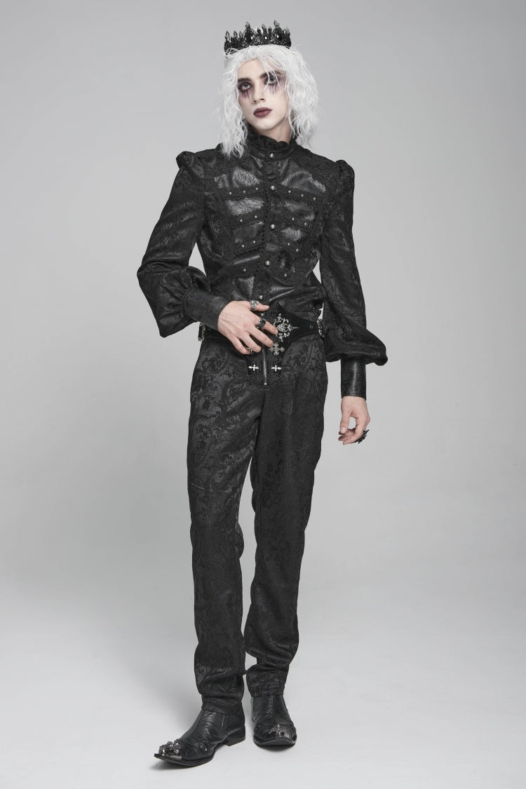 Black Stand Collar Long Lantern Sleeves Floral Print Embroidery Men's Gothic Blouse
