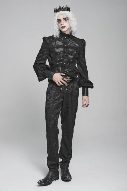 Black Stand Collar Long Lantern Sleeves Floral Print Embroidery Men's Gothic Blouse