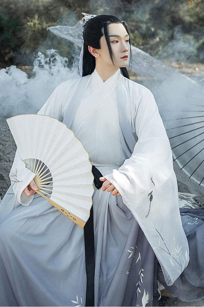 Gray Transition Chiffon Wide Sleeves Chinese Style Three Piece Suit Classic Mens Hanfu