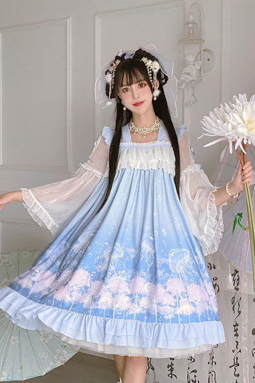 Blue Marine Jellyfish Print Bowknot Long Sleeves Ruffled Chinese Style Sweet Lolita Dress