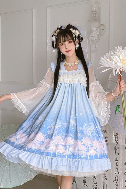 Blue Marine Jellyfish Print Bowknot Long Sleeves Ruffled Chinese Style Sweet Lolita Dress