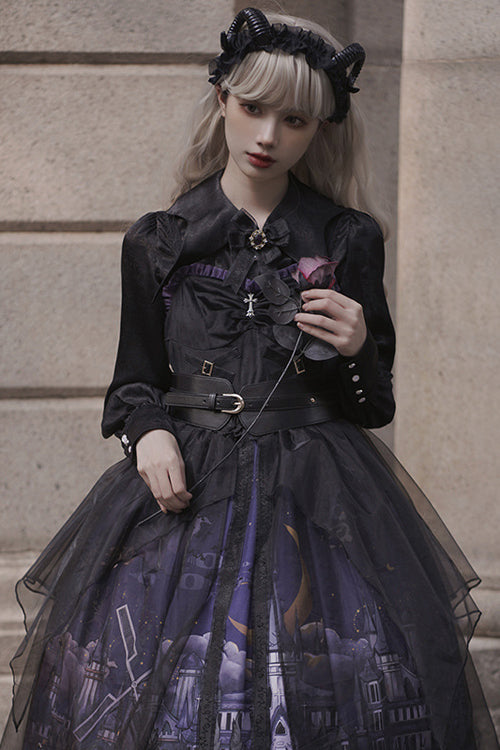 Black Witch Town Print With Veil Gothic Lolita JSK Dress