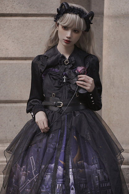 Black Witch Town Print With Veil Gothic Lolita JSK Dress