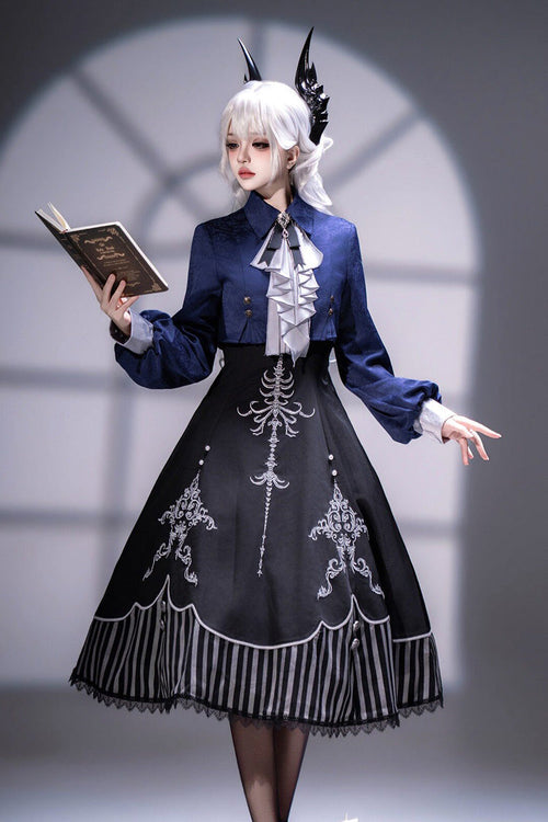 Black Printed Embroidered Gothic Vintage Elegant Lolita Jsk Dress Set