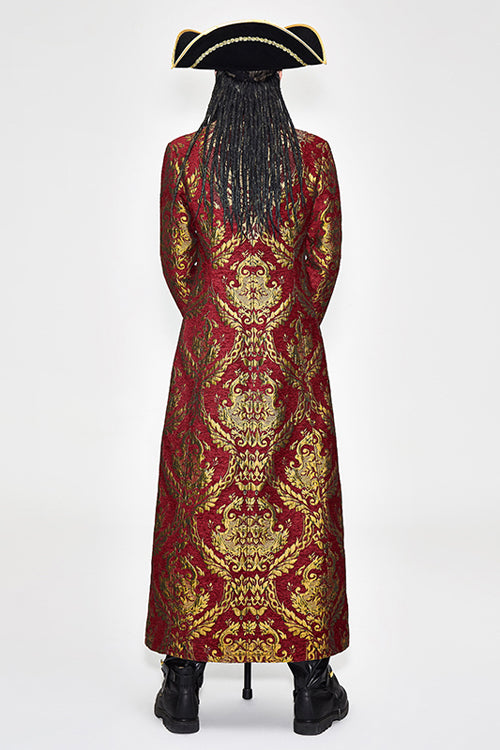 Pirate Style Red And Gold Jacquard Gothic Mens Long Coat