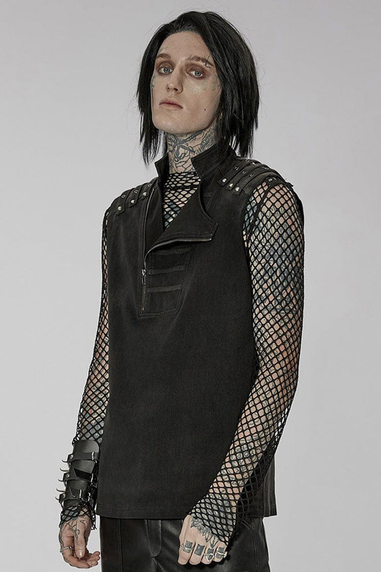 Black Punk Stand Collar Anterior Middle Asymmetry Design Zipper Shoulder Decorate Webbing Men's Vest