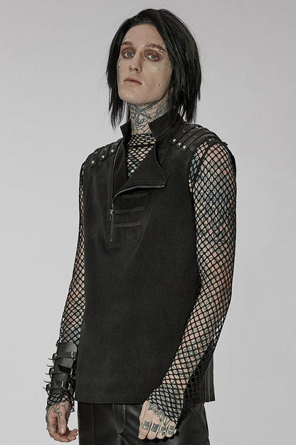 Black Punk Stand Collar Anterior Middle Asymmetry Design Zipper Shoulder Decorate Webbing Men's Vest