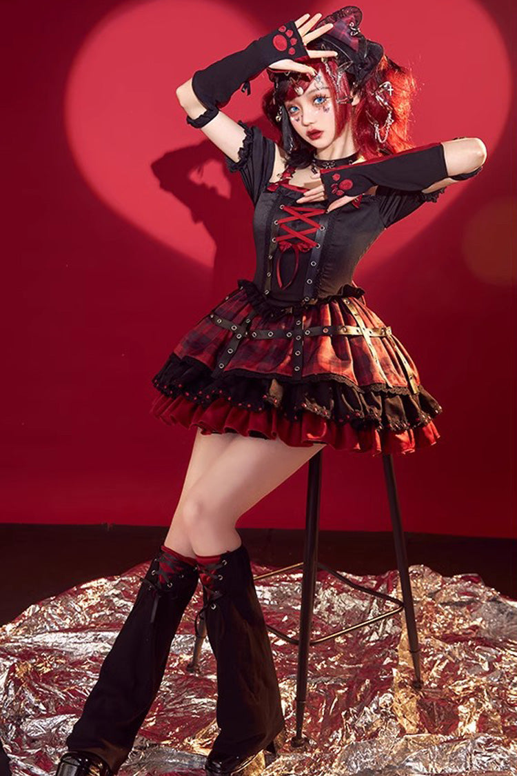 Black/Red Print Ruffle Lace-Up Gothic Japanese Princess Lolita JSK Dress