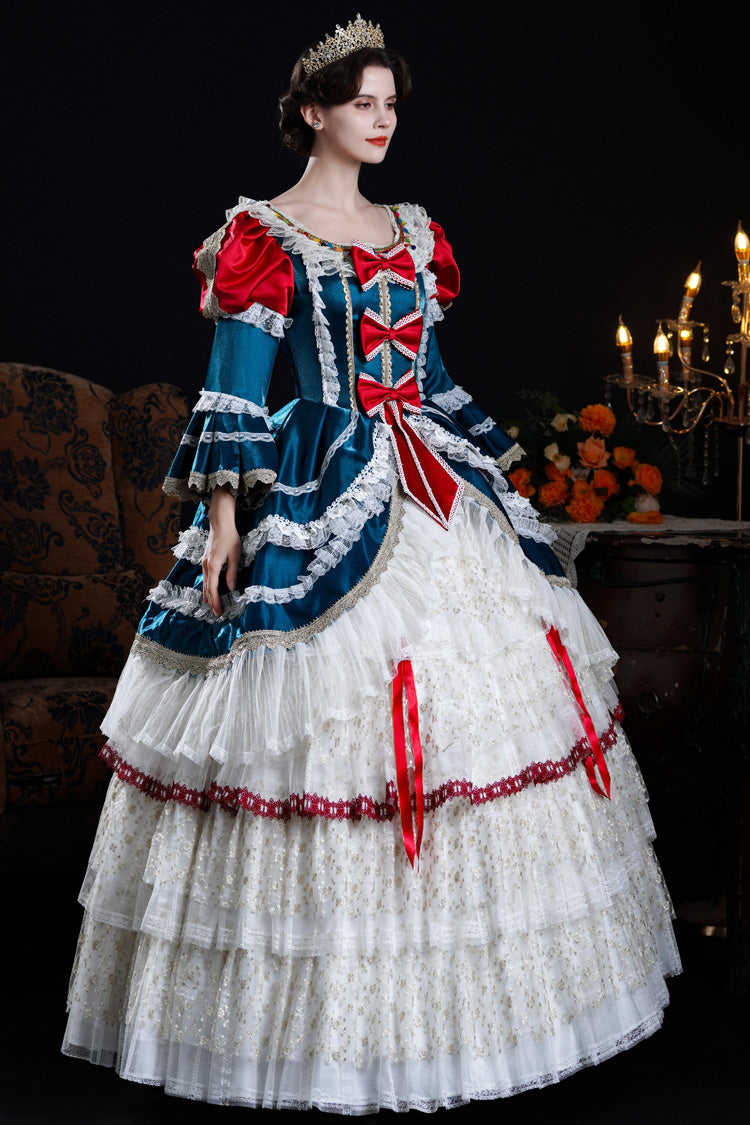 Blue/Ivory Round Collar Long Hime Sleeves Triple-Layered Ruffled Open-Front Bow Lace Classic Vintage Palace Lolita Victorian Dress