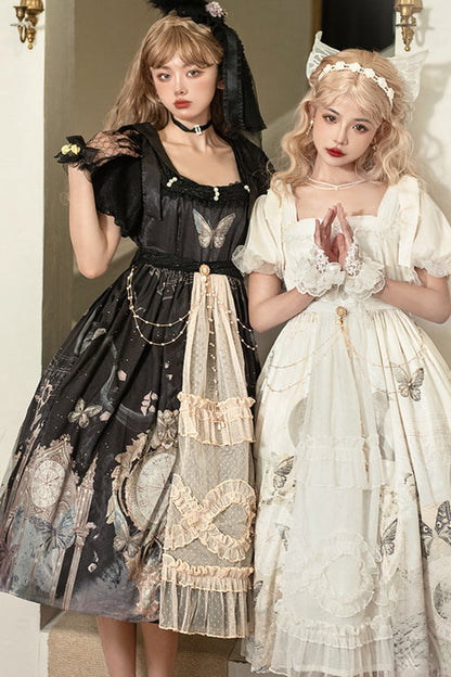 Vintage Elegant Lace Square Collar Bubble Short Sleeves Time Butterfly Print High Waisted Sweet Lolita Dress