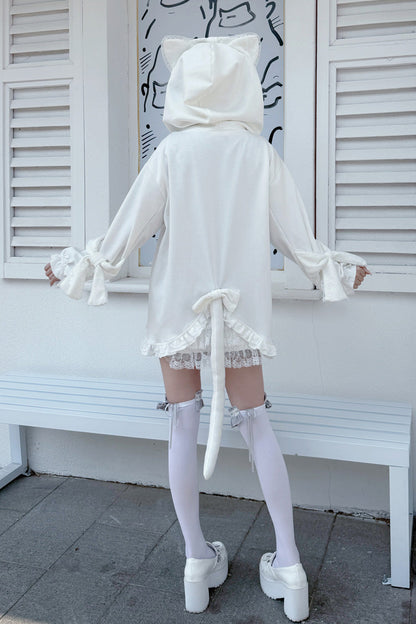 White Long Sleeves Cat Ears and Tail  Ruffle Bowknot Hooded Gothic Jirai Kei Coat