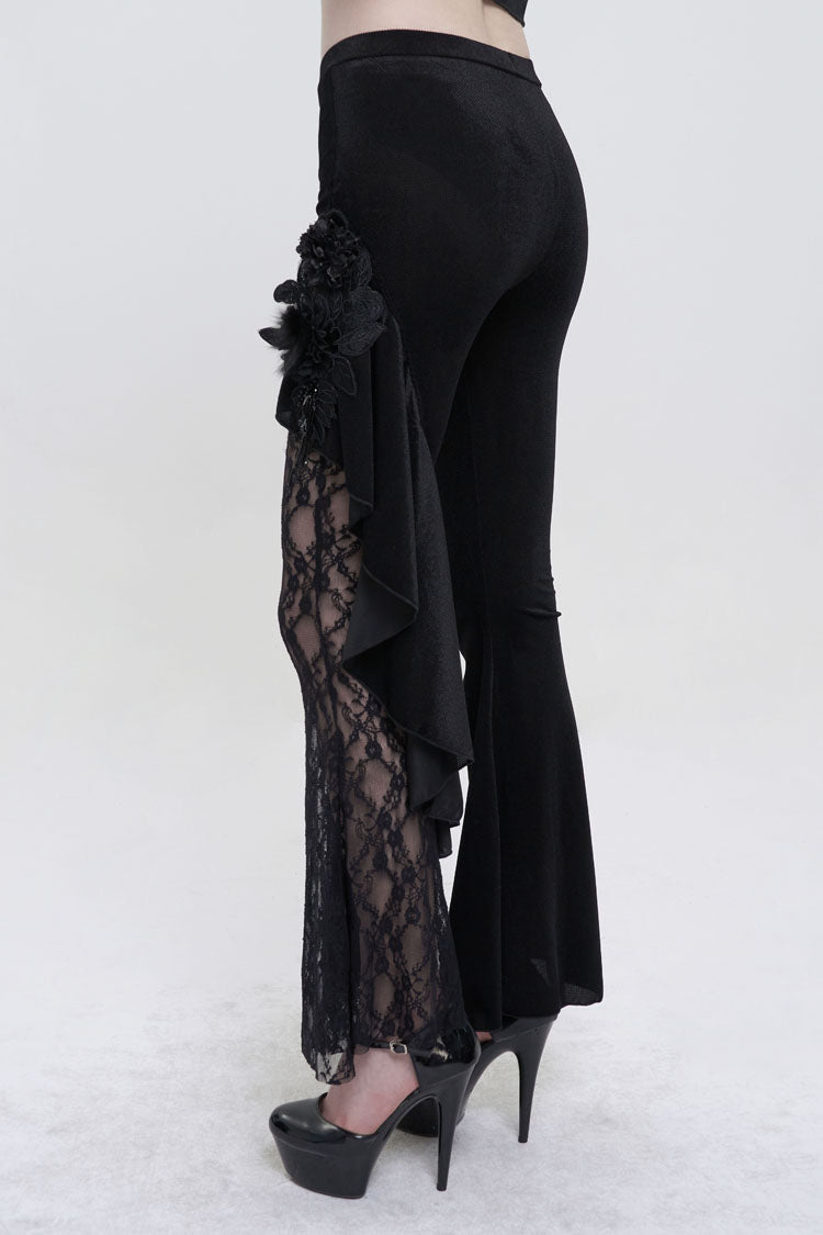 Black Velvet Single Side Stitching Rose Net Side Rope Decoration Asymmetric Pattern Flare Women's Gothic Pants