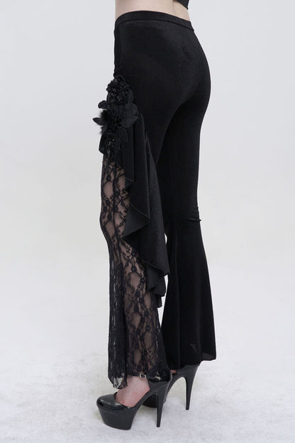 Black Velvet Single Side Stitching Rose Net Side Rope Decoration Asymmetric Pattern Flare Women's Gothic Pants
