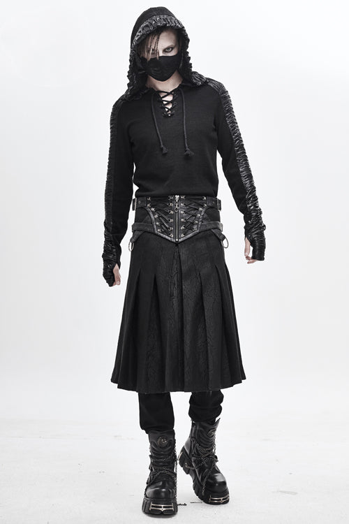 Black Punk Metallic Mist Textured Leather Waistband Grain Pleated Mens Kilts