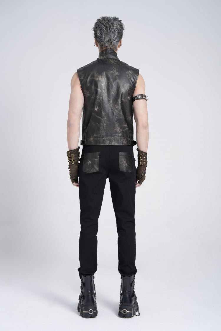 Black Stand Collar Sleeveless Strappy Stitching Zipper Men's Gothic Vest