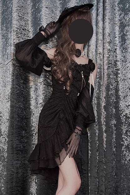 Black [Camellia 2.0] Sleeveless Jacquard Ruffle Lace Asymmetric Gothic Chinese Style Fishtail Lolita Jsk Dress