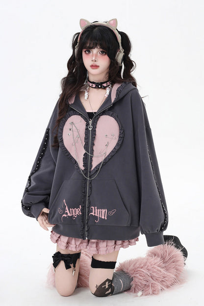 [Striped Bunny Ears] Long Sleeves Heart Print Embroidery Hooded Zipper Sweet Jirai Kei Cool Lolita Coat 2 Colors