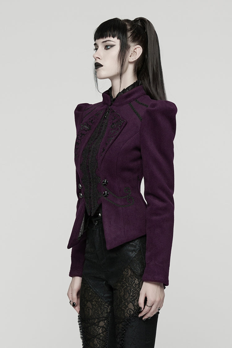 Purple Stand Collar Long Sleeves Embroidered Lace-Up Zippered Women's Gothic Jacket