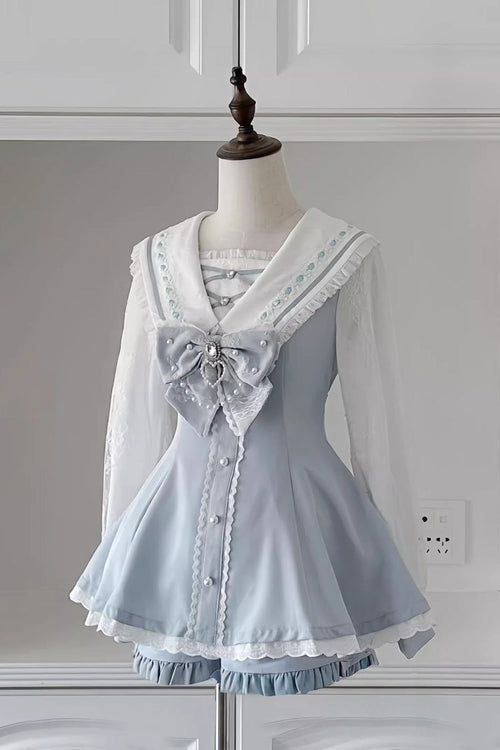 Sweet Long Sleeves Print Bowknot Jirai Kei Japanese Dress Set 3 Colors